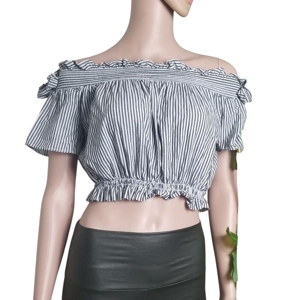 Love Tree | Off Shoulder Blue Gray Stripe Crop Top Coquette Y2K